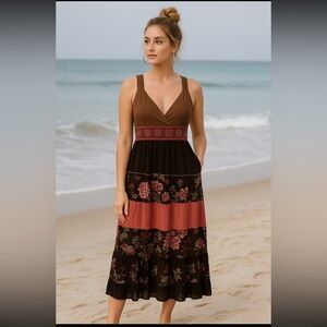 Robbie Bee Women’s Dress Sz 8 V-Neck Maxi Dress Brown and Coral Floral Dress